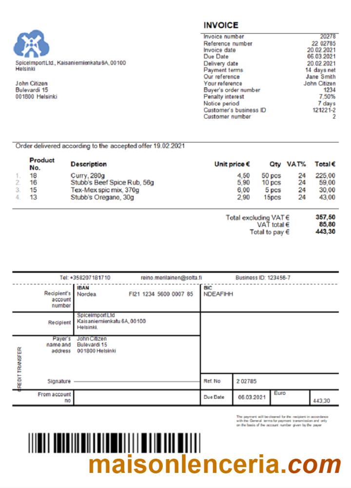 Finlandia SpiceImport Ltd faktura słowo i PDF szablon